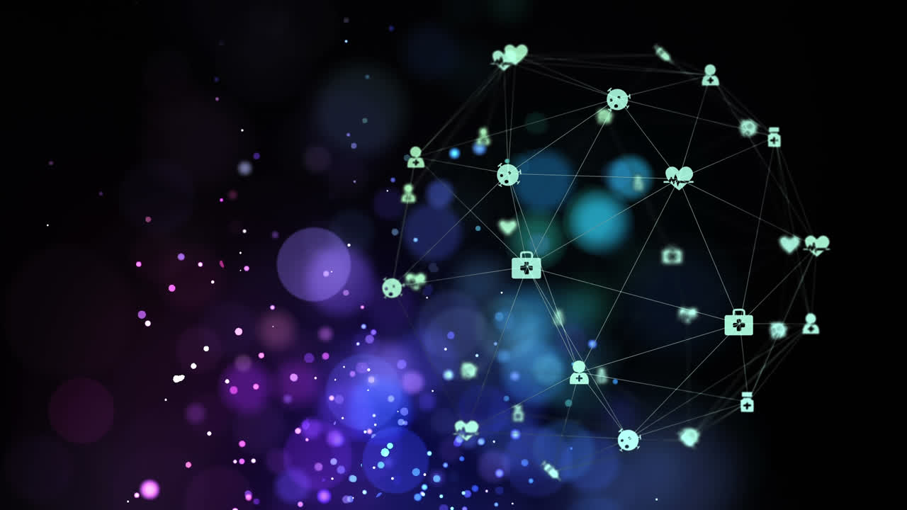 globo de iconos digitales contra puntos de luces