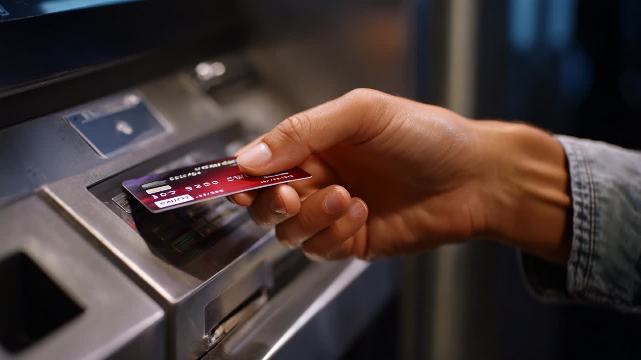 Una persona interagisce con un bancomat inserendo una carta, a dimostrazione della moderna comodità delle operazioni bancarie elettroniche e dell'importanza di transazioni sicure per le attività finanziarie quotidiane