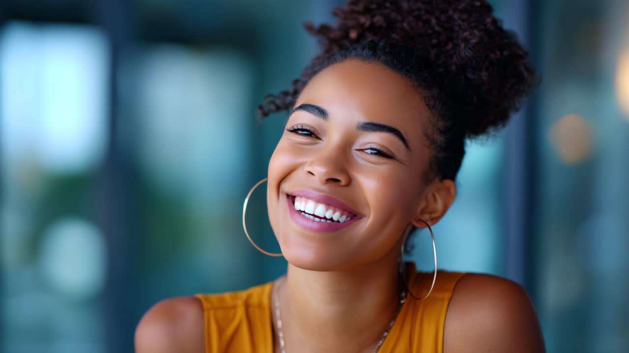 Donna sorridente, radiosa e gioiosa in top dorato con capelli alla moda in un ambiente luminoso e allegro pieno di luce e calore