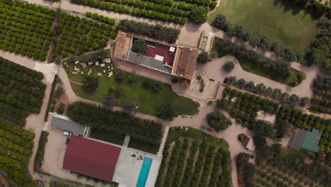 4k shot aerial view of house and treelined fields in alicante, spain, wide angle directly above circle shot-1