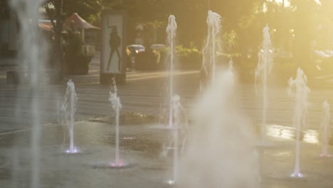 Fountains-in-the-setting-sun-in-Dundalk,-Ireland