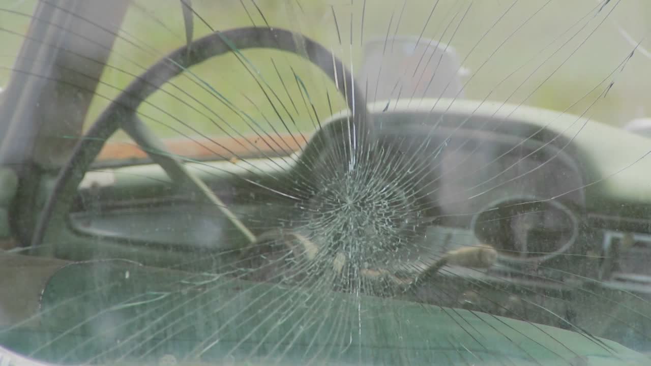 깨진 창문이 있는 들판에 오래된 포드 에드셀이 앉아 있다