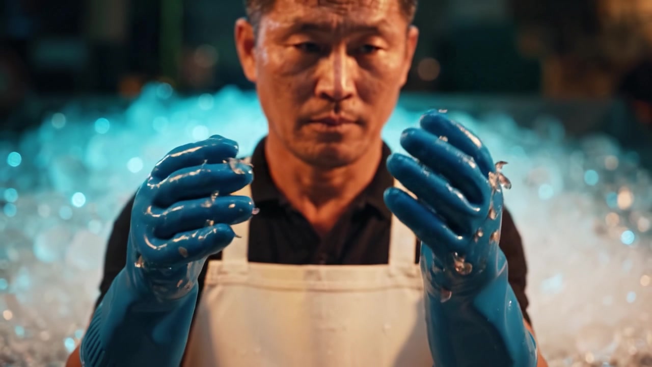 氷に囲まれ、集中した魚介の職人が、獲れたての魚介を精密かつ巧みに準備する。その一挙手一投足に献身と職人技が宿る。