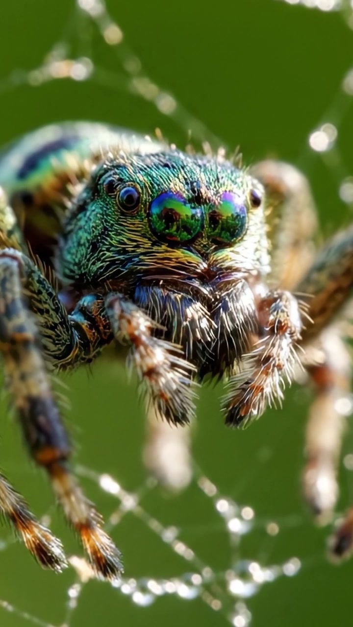 Close-Up of a Vibrantly Colored Spider Featuring Intricate Details of Its Unique Features and Surrounding Web in Natural Light