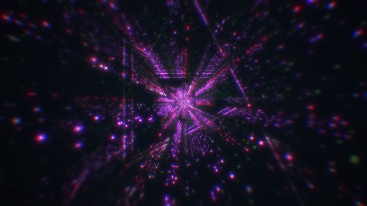 Digital big data triangle tunnel light streaks effect animation background. Flying into digital technology tunnel