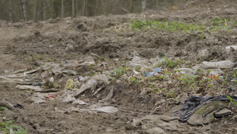 discarded plastic waste products buried among muddy heavy duty tyre tracks after woodland deforestation