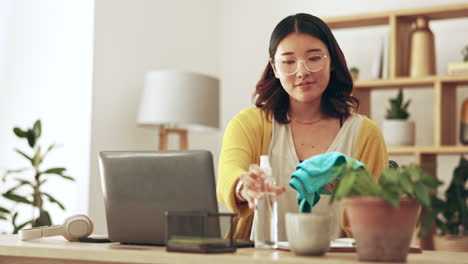 Woman,-laptop-or-cleaning-cloth-in-home