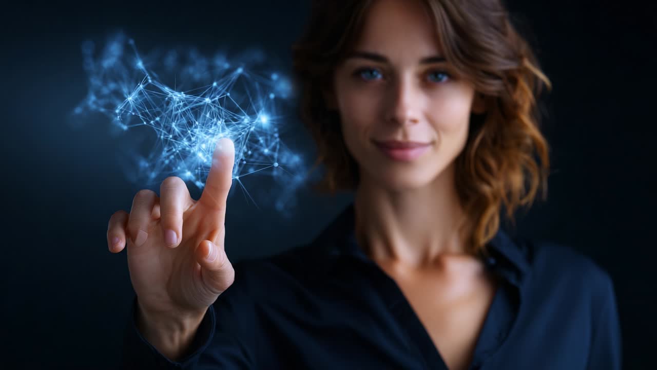 A woman interacts with a glowing digital interface, showcasing futuristic technology and human connection. Her finger touches a virtual display, symbolizing innovation and imagination in a modern world