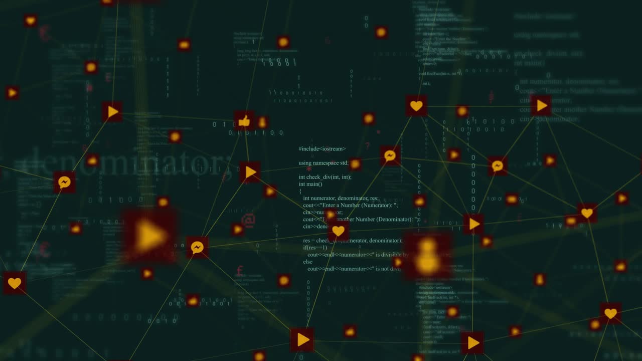 Code scrolling initiating glowing social media icons linking and pulsing showing network growth