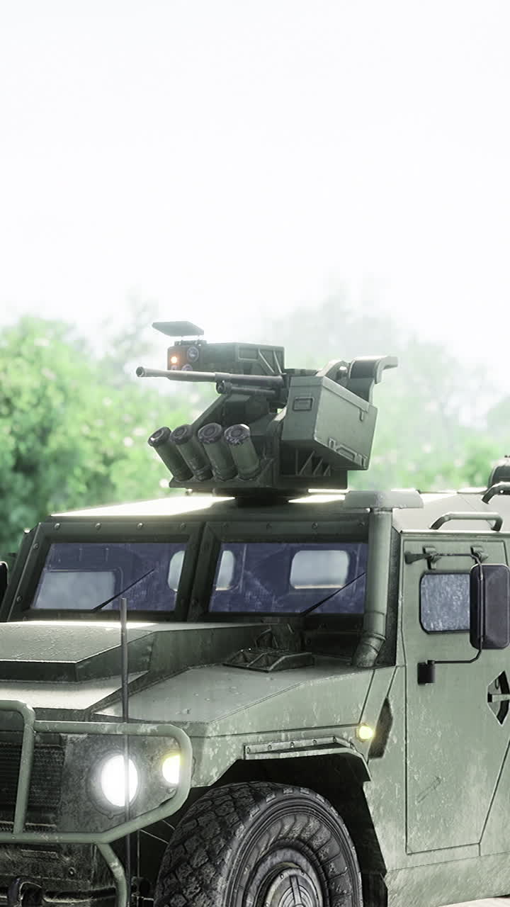 Military vehicle on a sunny day near lush trees and historic architecture