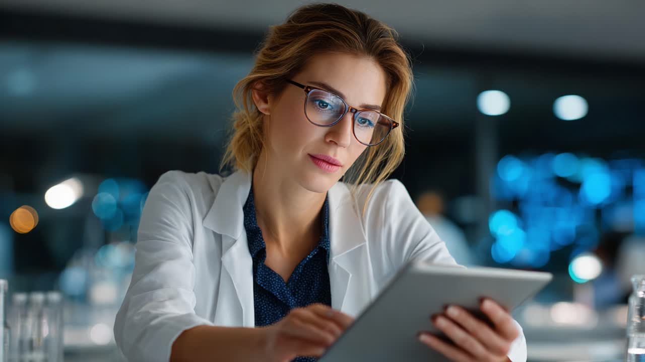 Focused Professional Analyzing Data on Tablet in Modern Workspace: A Close-Up of a Woman in a Lab Coat Engaged with Technology and Innovation