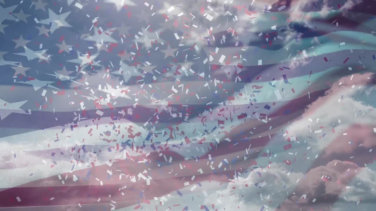 Animation of confetti falling over american flag