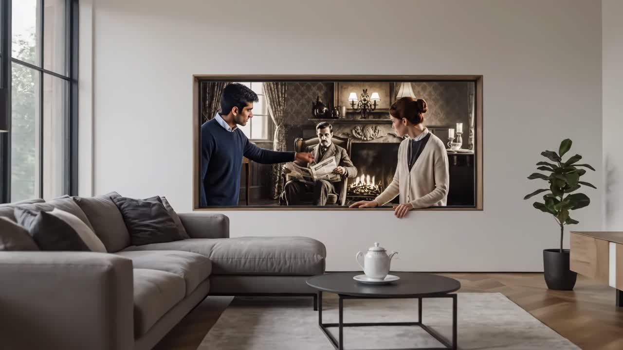 People watching a retro scene on television in the living room