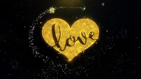 golden heart with love text and fireworks