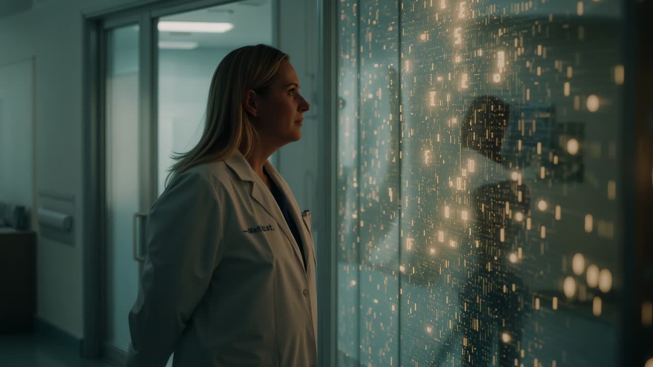 Following shifting dots, woman doctor in lab coat studying lit panel in hospital hall, copy space