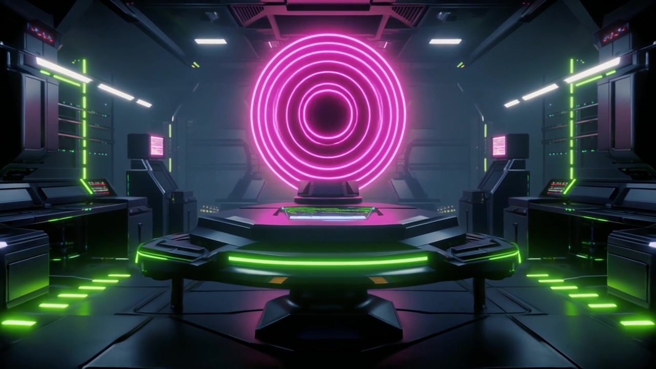 Centro di comando fantascientifico futuristico con portale rosa luminoso
