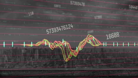 Animación-De-Números-Cambiantes-Flotando-Sobre-El-Procesamiento-De-Datos-Frente-A-Una-Vista-Aérea-Del-Paisaje-Urbano