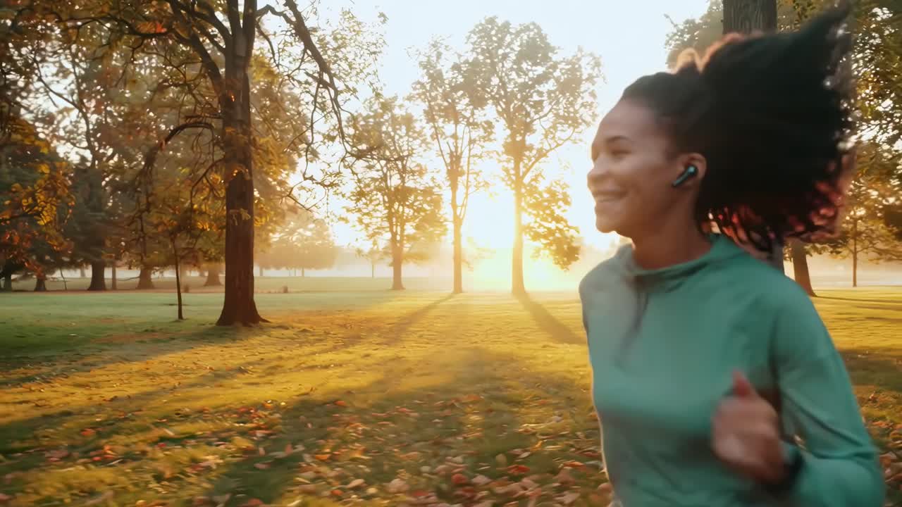 Vídeo lateral de uma mulher correndo em um parque banhado pelo sol, capturando uma atmosfera de manhã serena
