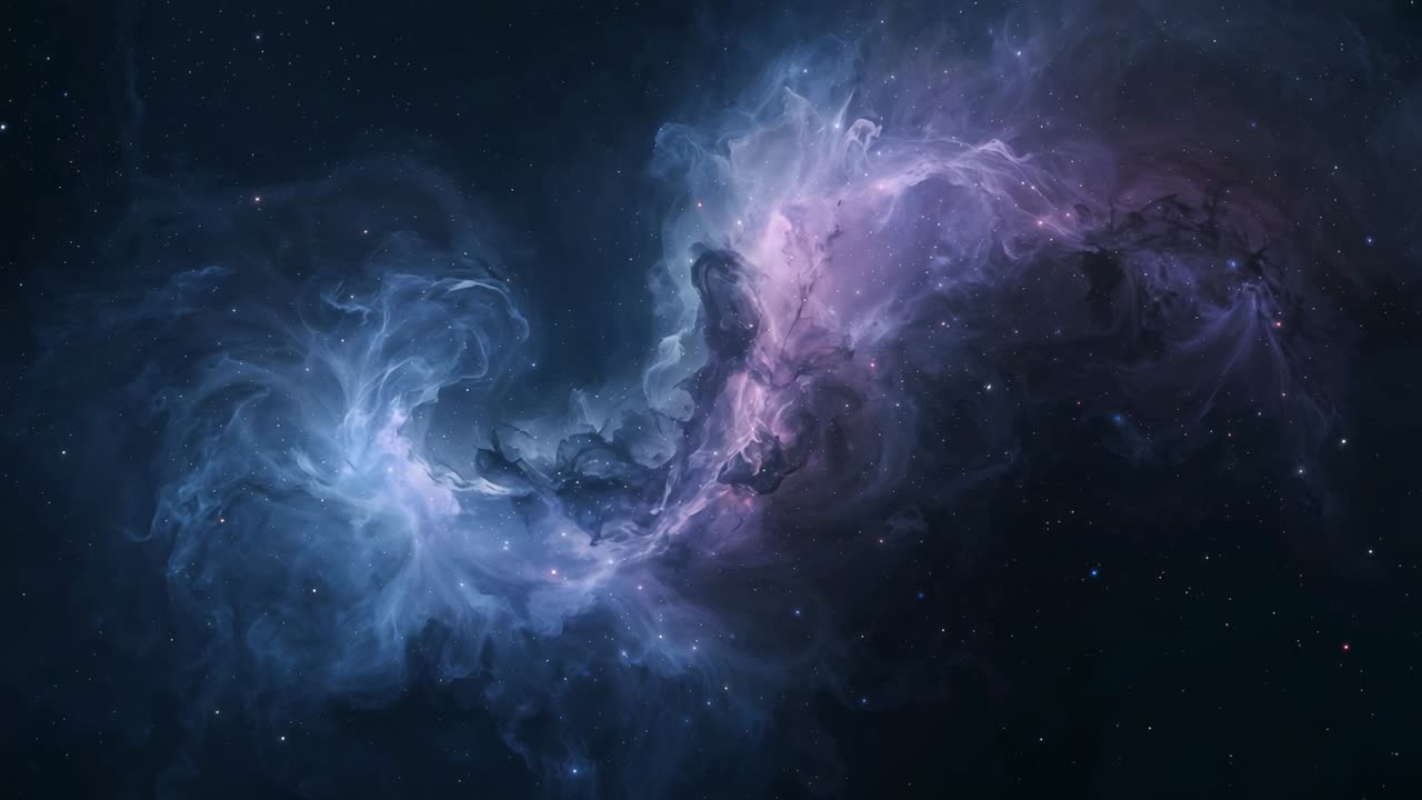 Swirling nebula revealing shifting blue and purple gas clouds in deep space, with distant stars