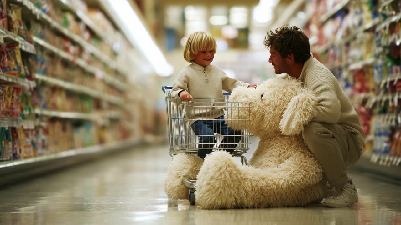 A Heartwarming Encounter: Child and Father Enjoying a Fun Shopping Experience Together, Surrounded by Colorful Aisles and a Big Plush Bear in a Grocery Store