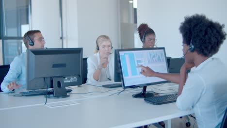 group of financial brokers in headsets working in office