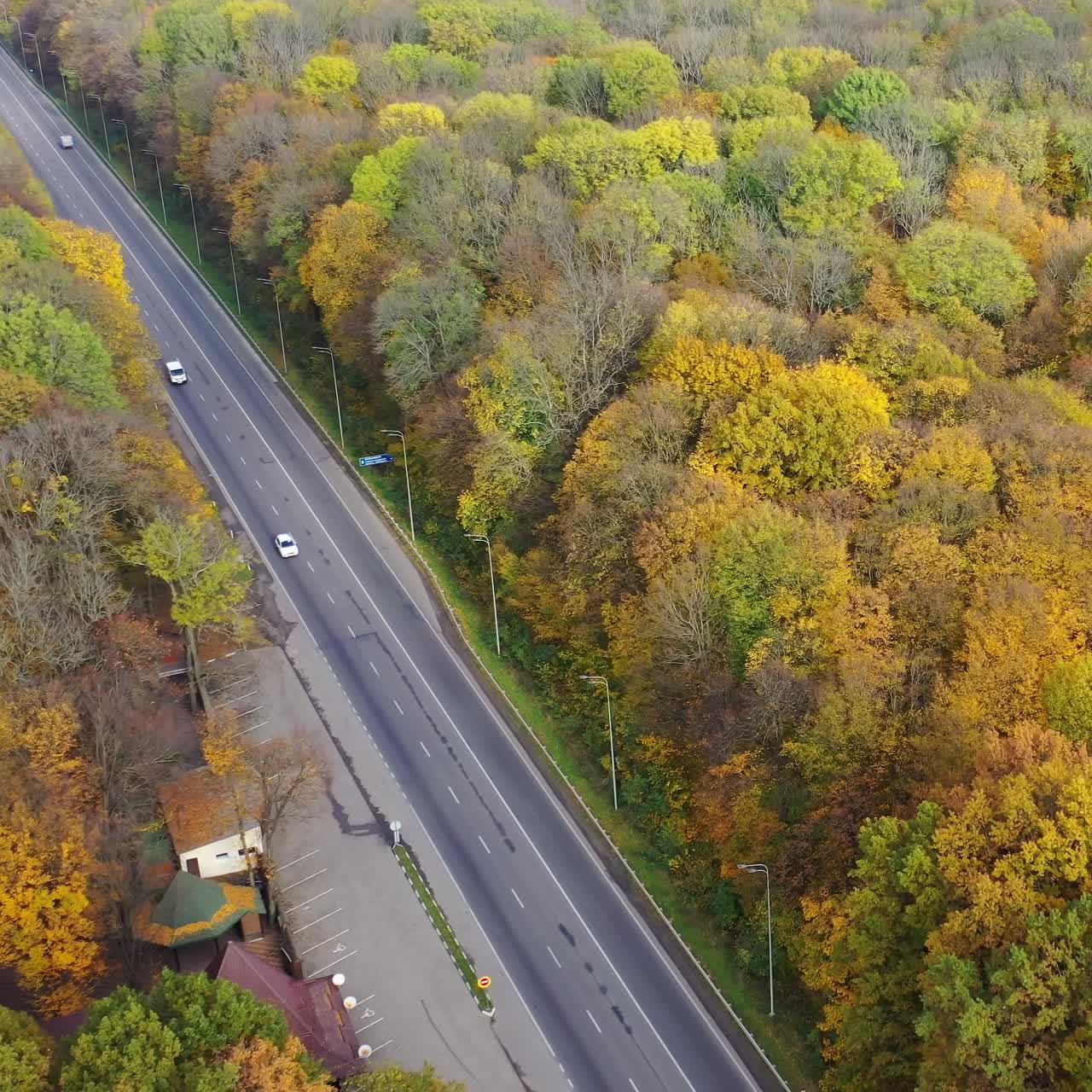 Aerial view of autumn forest roadway. Orange landscapes autumn highway
