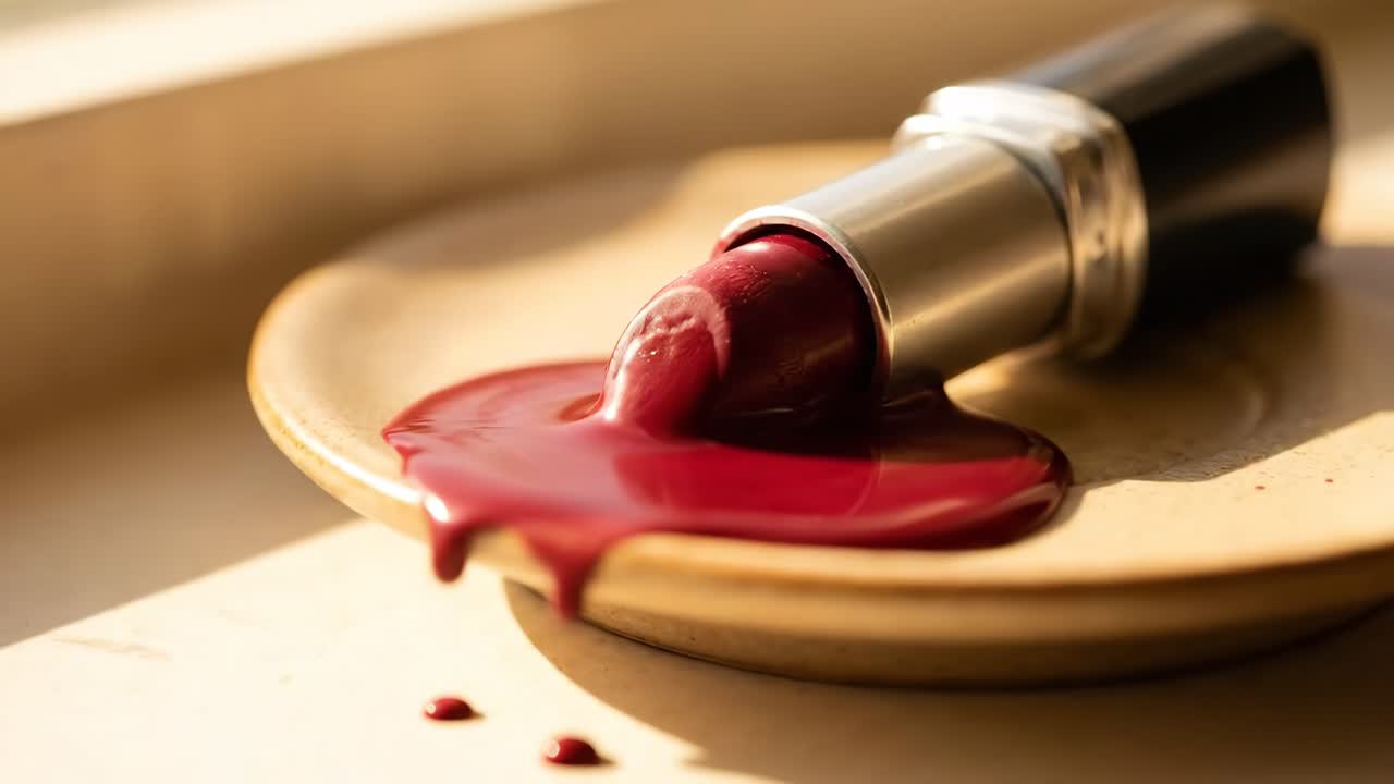 Rossetto rosso che si scioglie e cola su un piattino