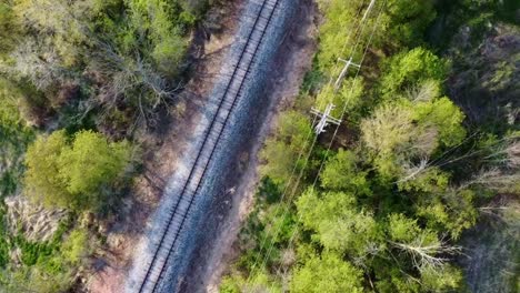 aerial flyover of train tracks in the forest during summer