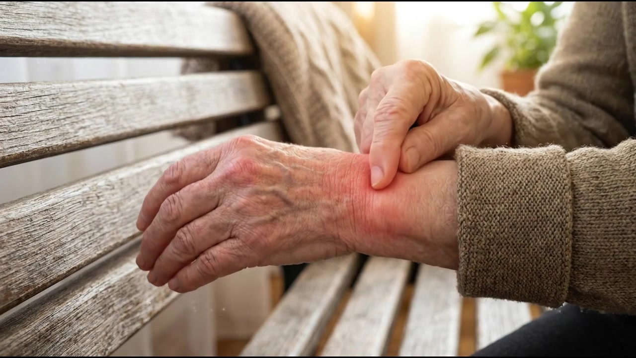 Adulto che si strofina mano e polso arrossati e irritati vicino a una luminosa finestra interna, nel contesto della salute quotidiana