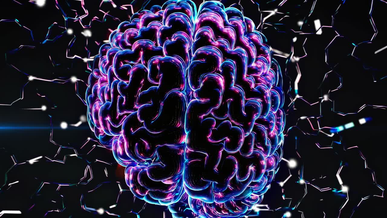 Digitální videoartové dílo zobrazující zářící mozek s elektrickými vzory.