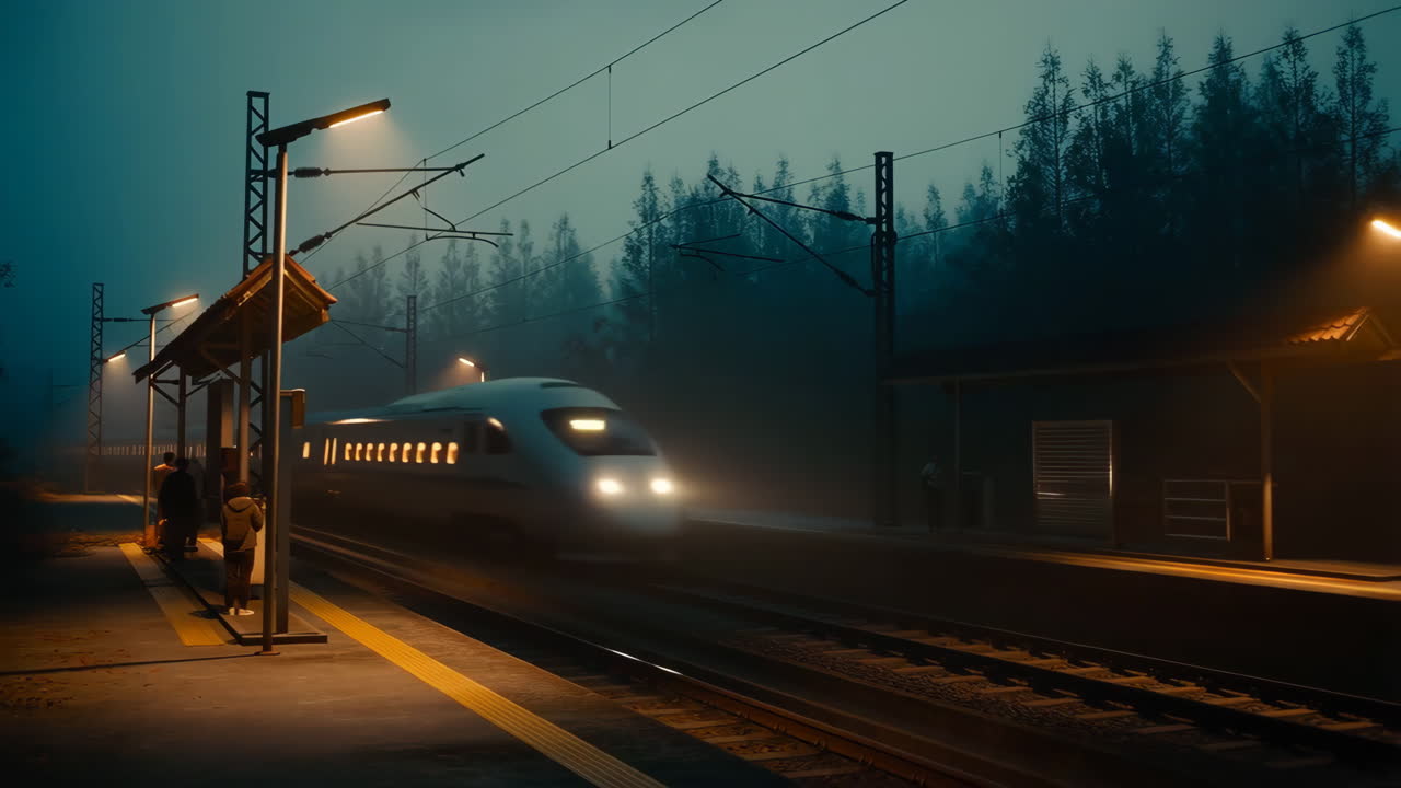 High-Speed Train Arriving and Passing at a Misty Night Station