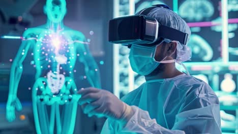 doctor using virtual reality technology for medical examination or surgery simulation with a holographic human anatomy display