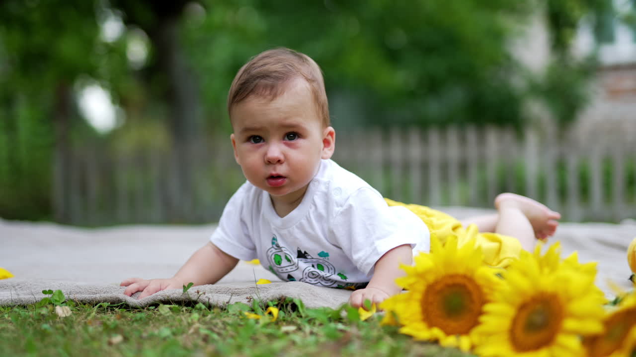 Lovely Caucasian child lies on belly on the ground outdoors. Baby stares at camera intently and smiles adorably. Sunflowers at foreground. Blurred backdrop.