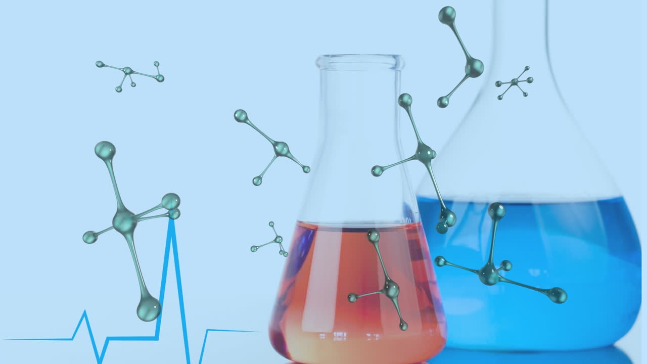 뉴클레오티드와 액체로 가득 찬 컵의 애니메이션은 파란색 배경에 테이블에 있습니다.