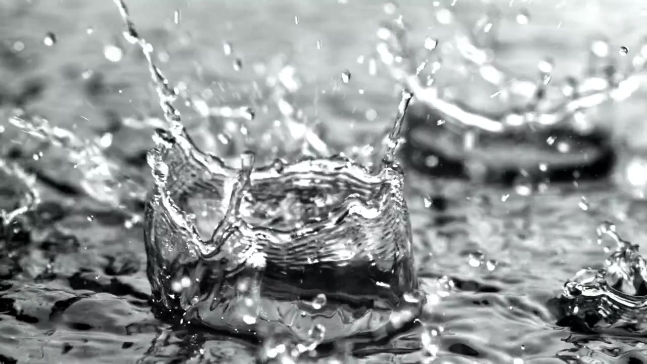 Zeitlupen-Nahaufnahme von Wassertropfen, die auf eine flüssige Oberfläche spritzen