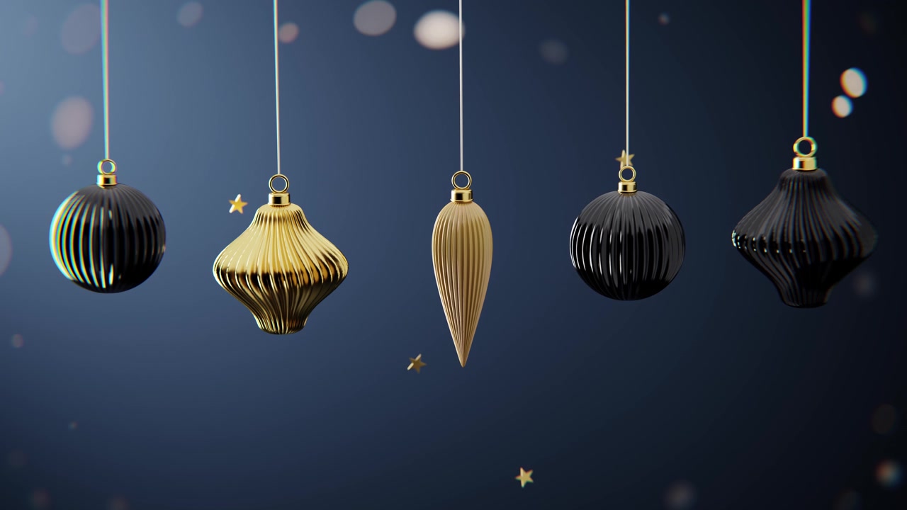 Elegant Hanging Christmas Ornaments on Dark Blue Background