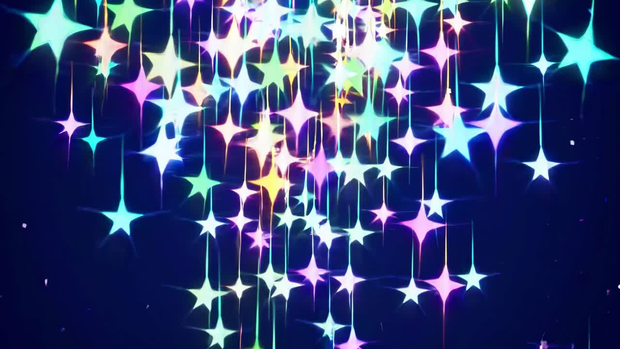 Vibrant video background with multicolored starbursts on a dark backdrop