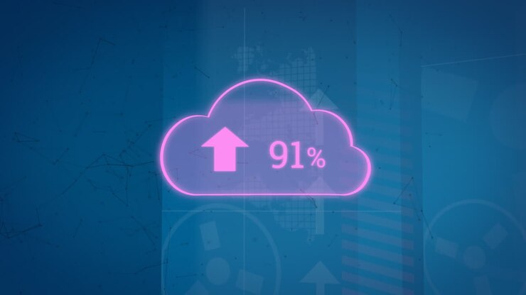 Animation of clouds with numbers and graphs over blue background