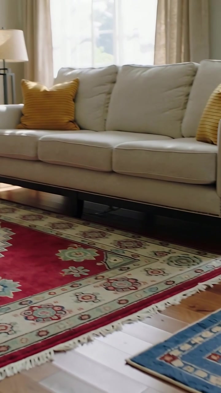 Vertical video: Panning camera showing cream sofa with nailhead and yellow pillows at home, red rug