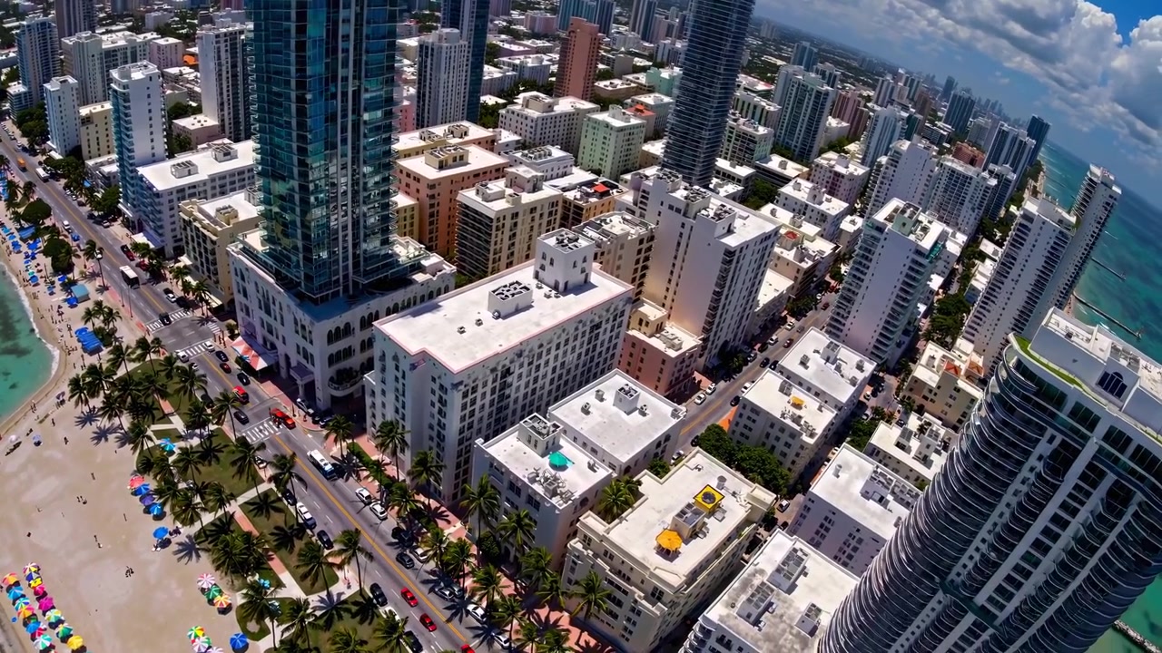 Veduta aerea dello skyline e della costa di Miami Beach