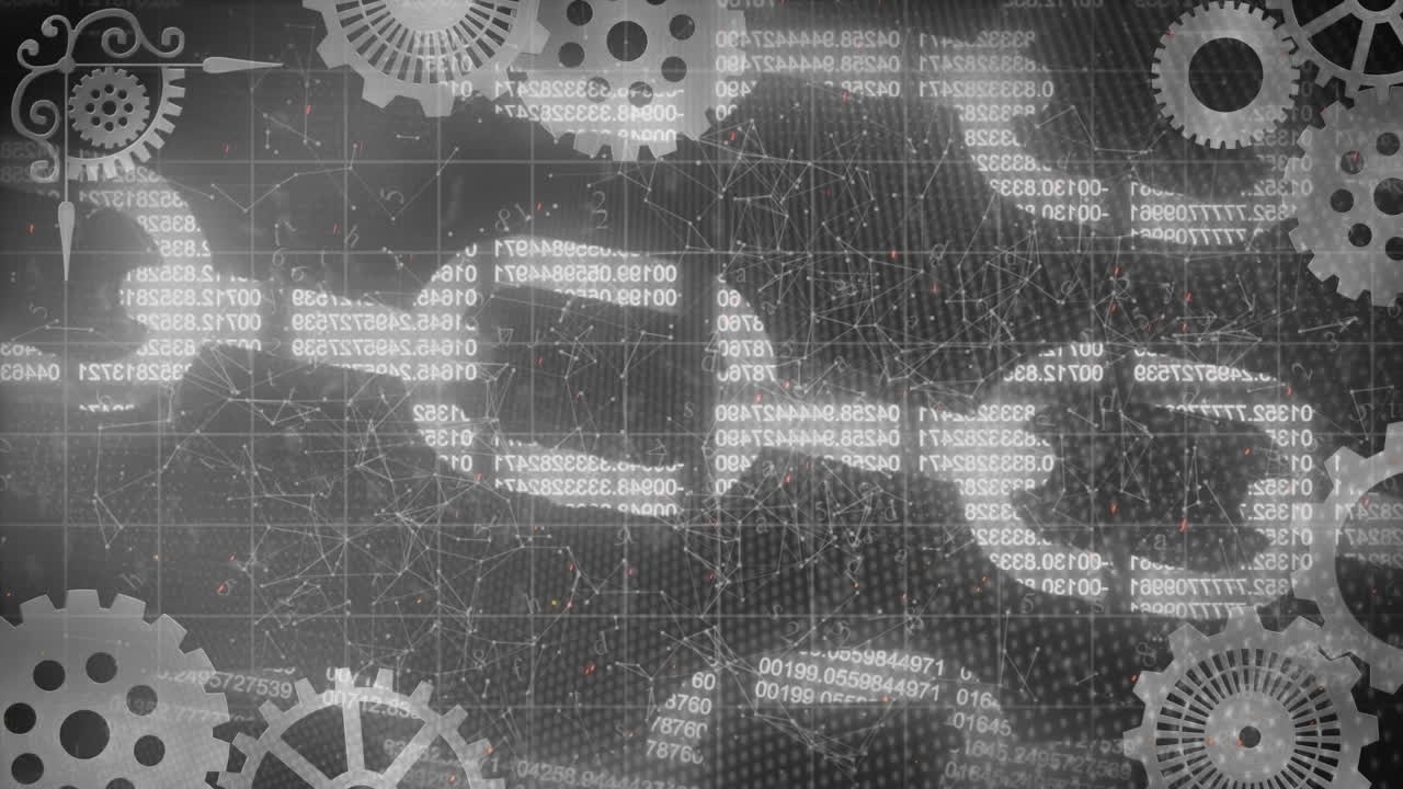 animación de la red de conexiones y engranajes que giran sobre cadenas de seguridad en línea
