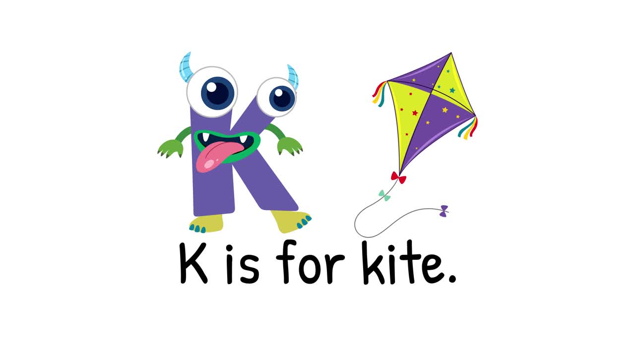 Colorful animation featuring a playful character and kite, illustrating the letter K with vibrant visuals and engaging motion