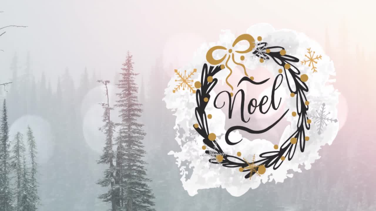 Animasjon av tekst 'noel' over grantrær i julen