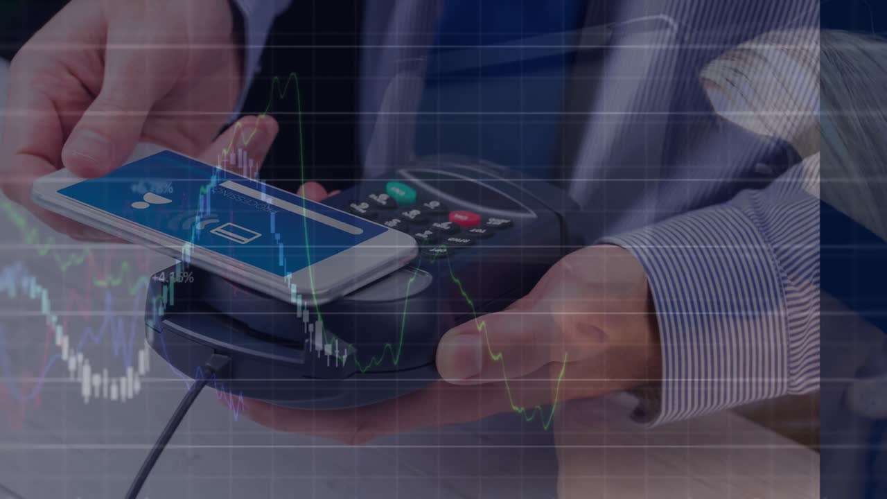 스마트 폰과 결제 단말기를 가진 사람을 통해 금융 데이터 처리의 애니메이션