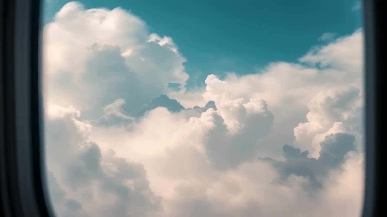 Reaching cruise altitude, plane window revealing evolving cloud formations with shifting shadows
