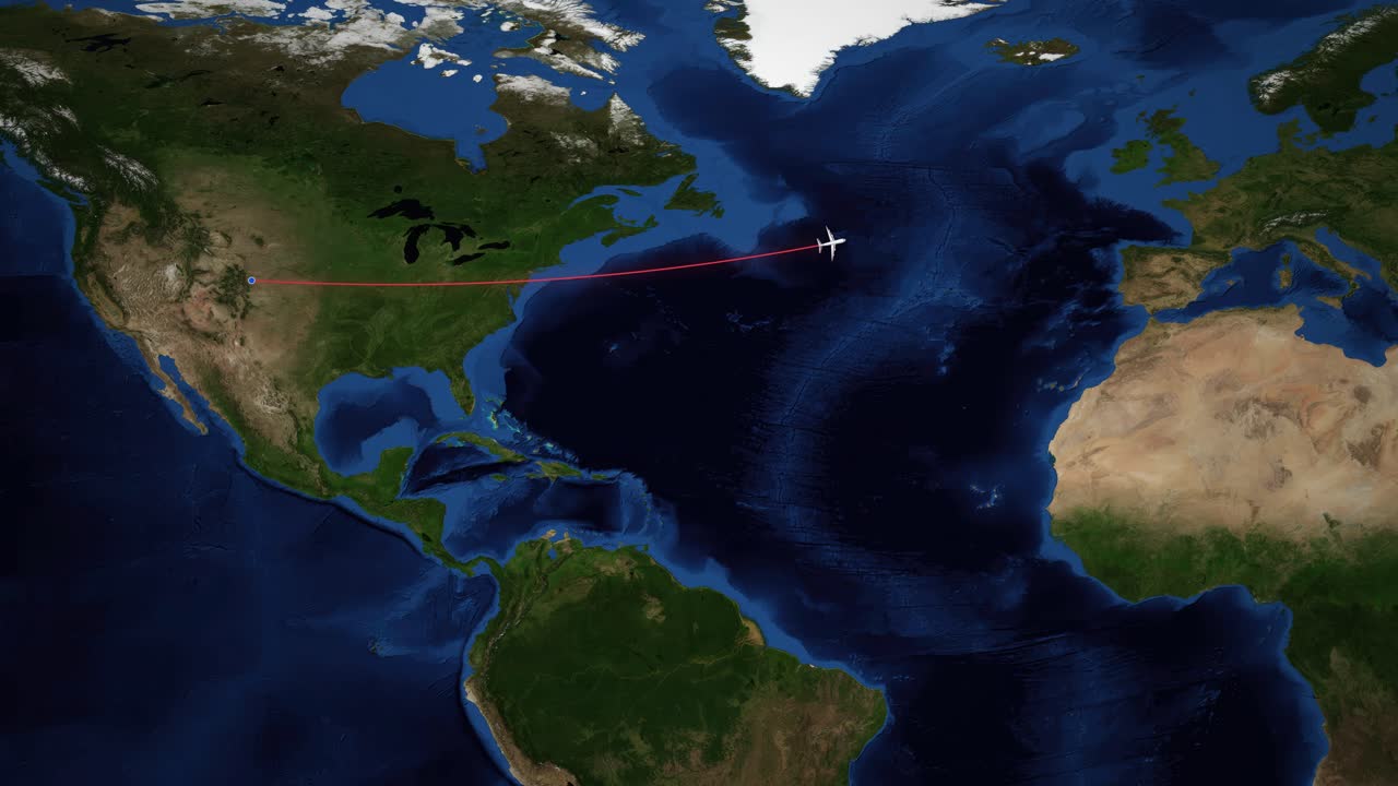 Un mapa mundial digital rastrea un avión que vuela de Denver a Dublín con líneas rojas