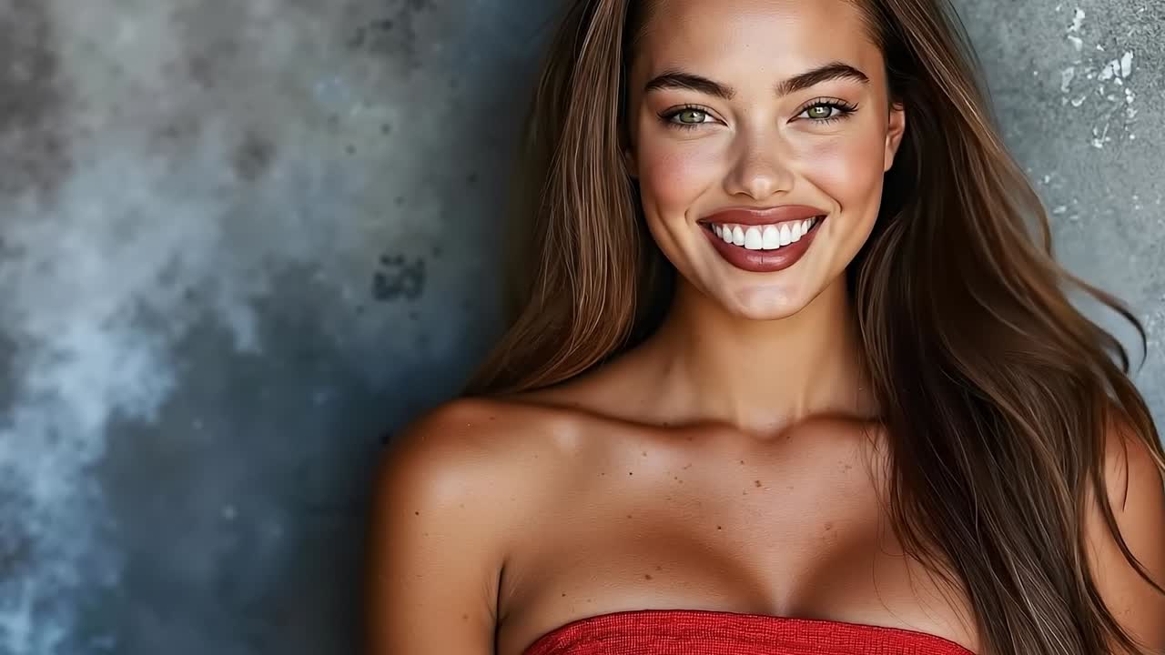 Una donna con un vestito rosso che sorride alla telecamera