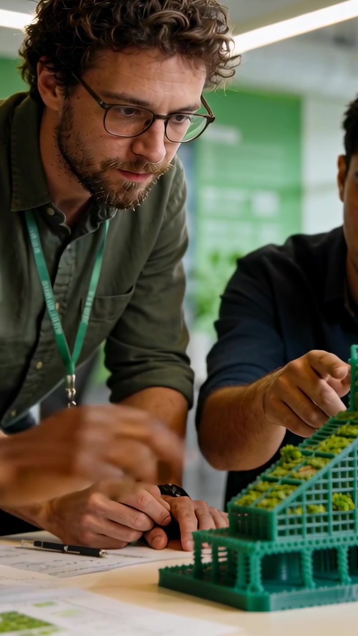 Video verticale: Uomo con camicia verde e cordino che si allunga per regolare un modello verde in studio, perfezionandolo.