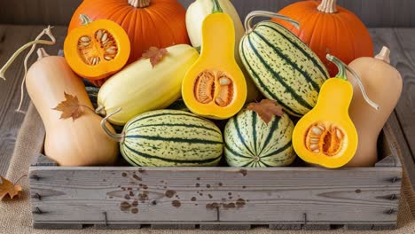 colorful collection of winter squash varieties including butternut and acorn pumpkins nestled in a rustic wooden crate surrounded by autumn leaves