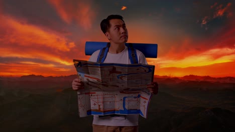 viajero mirando un mapa al atardecer en las montañas